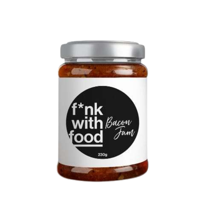 White labelled Bacon Jam Chutney by Funk with Food on white background