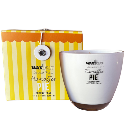 Coconut Wax Banoffee Pie scented candle in white glass jar with yellow box