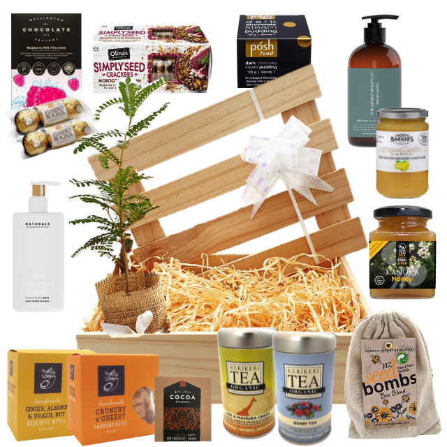 Wooden gift hamper and a selection of products to build your own gift with living tree