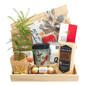 Deluxe wooden gift hamper with a living tree, range of food products and keep cup