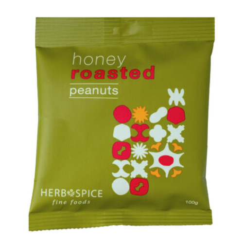 Olive green packet of honey roasted peanuts on white backgound