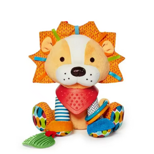 Orange lion activity baby toy with rattles on white background