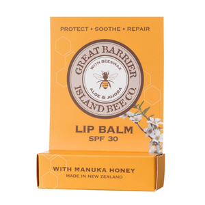 Yellow boxed Great Barrier Island Bee Co Lip Balm SPF 30 on white background.