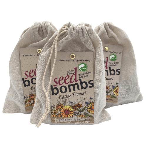 Edible Flower Seed Bombs in Muslin Bag on white background