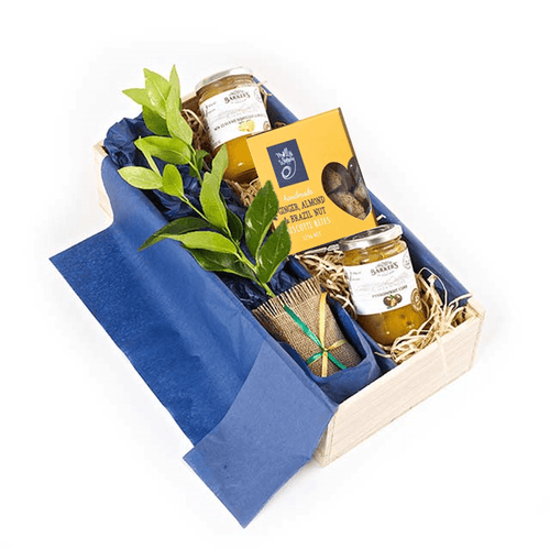 Fruit tree in wooden gift box with passionfruit and lemon curd jars and molly woppy biscotti