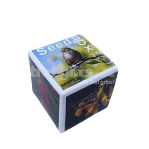 Fully branded seed box for conference or event giveaway, includes seeds, container and soil pellet